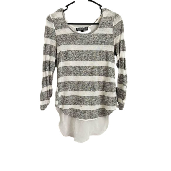 Striped Knit Long Sleeve Top with White Mesh High Low Shirttail - Picture 1 of 7